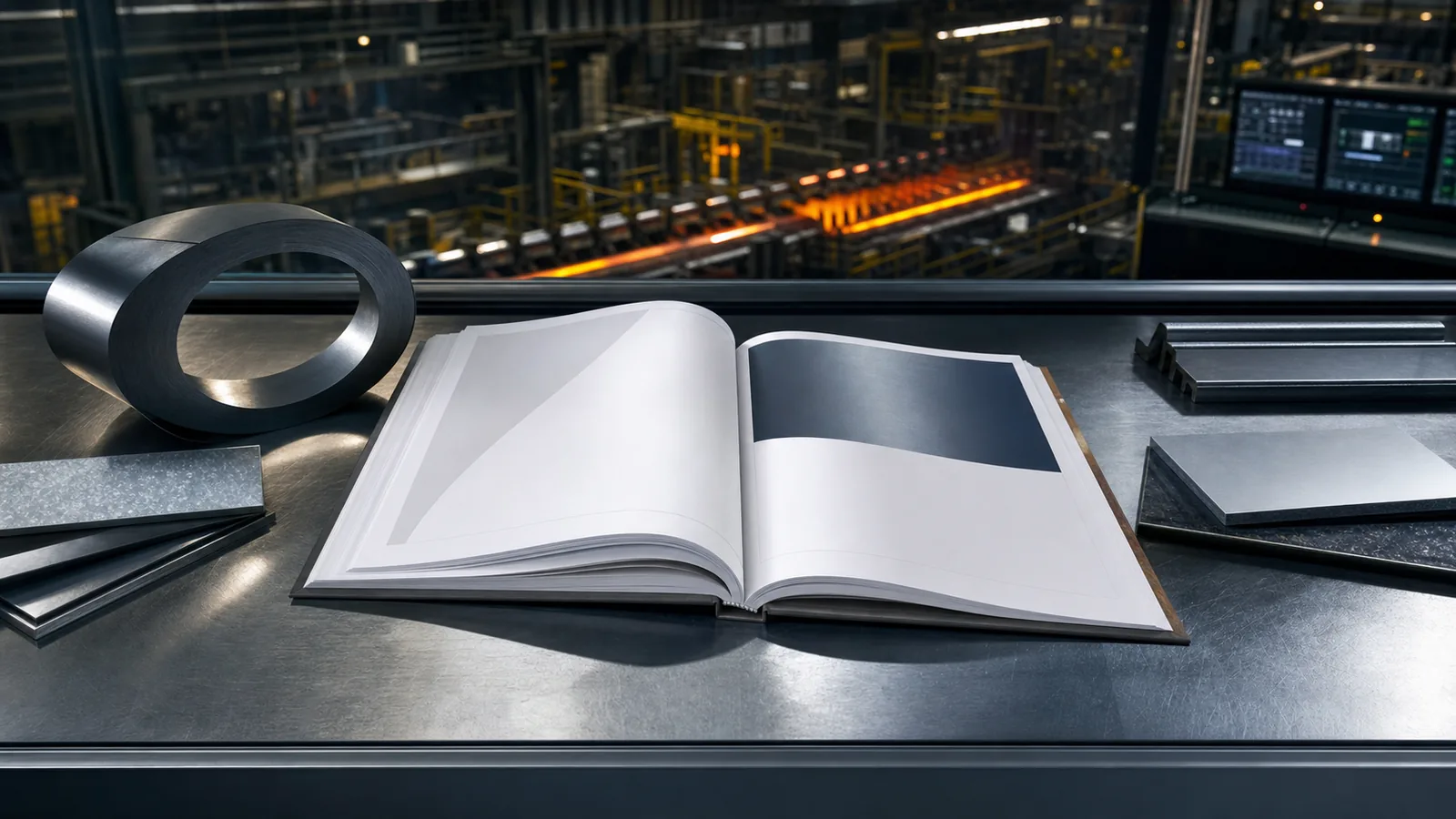 Premium catalog download visual inside a steel mill control room