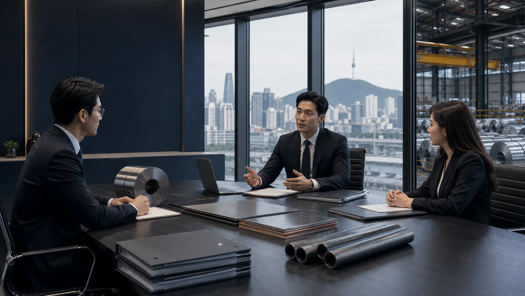 Steel supplier coordination meeting in a Korean office setting